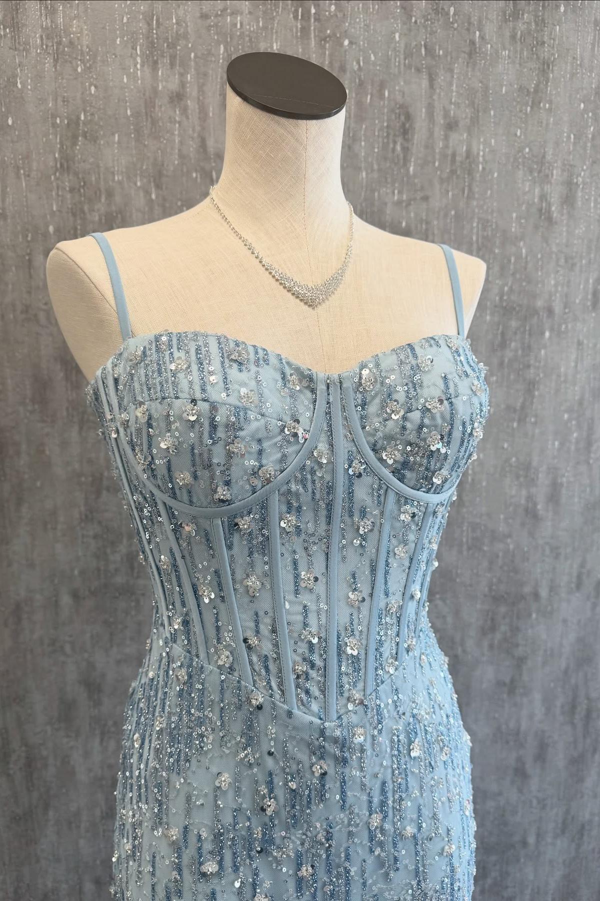 Gorgeous Light Blue Beaded Tulle Mermaid Sweetheart Spaghetti Straps Zipper Back Long Prom Dress