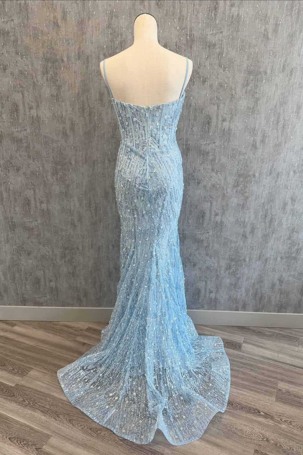 Gorgeous Light Blue Beaded Tulle Mermaid Sweetheart Spaghetti Straps Zipper Back Long Prom Dress