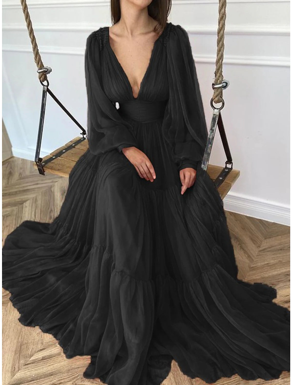 Orange Chiffon A-Line Floor-Length Evening Dress with Voluminous Puff Sleeves and Tiered Skirt