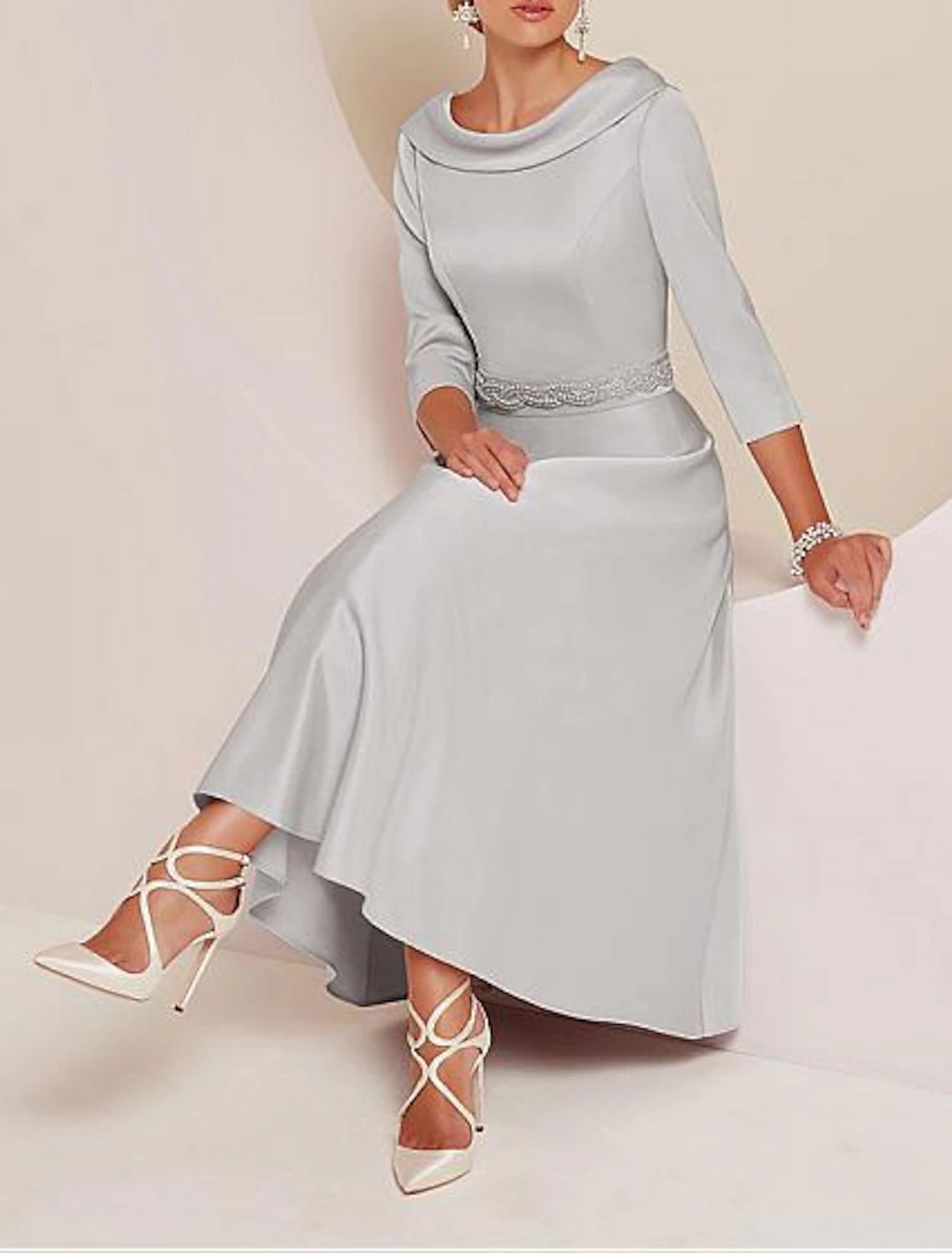 A-Line Mother of the Bride Dress Wedding Guest Elegant Vintage Plus Size Bateau Neck Tea Length Satin 3/4 Length Sleeve with Beading