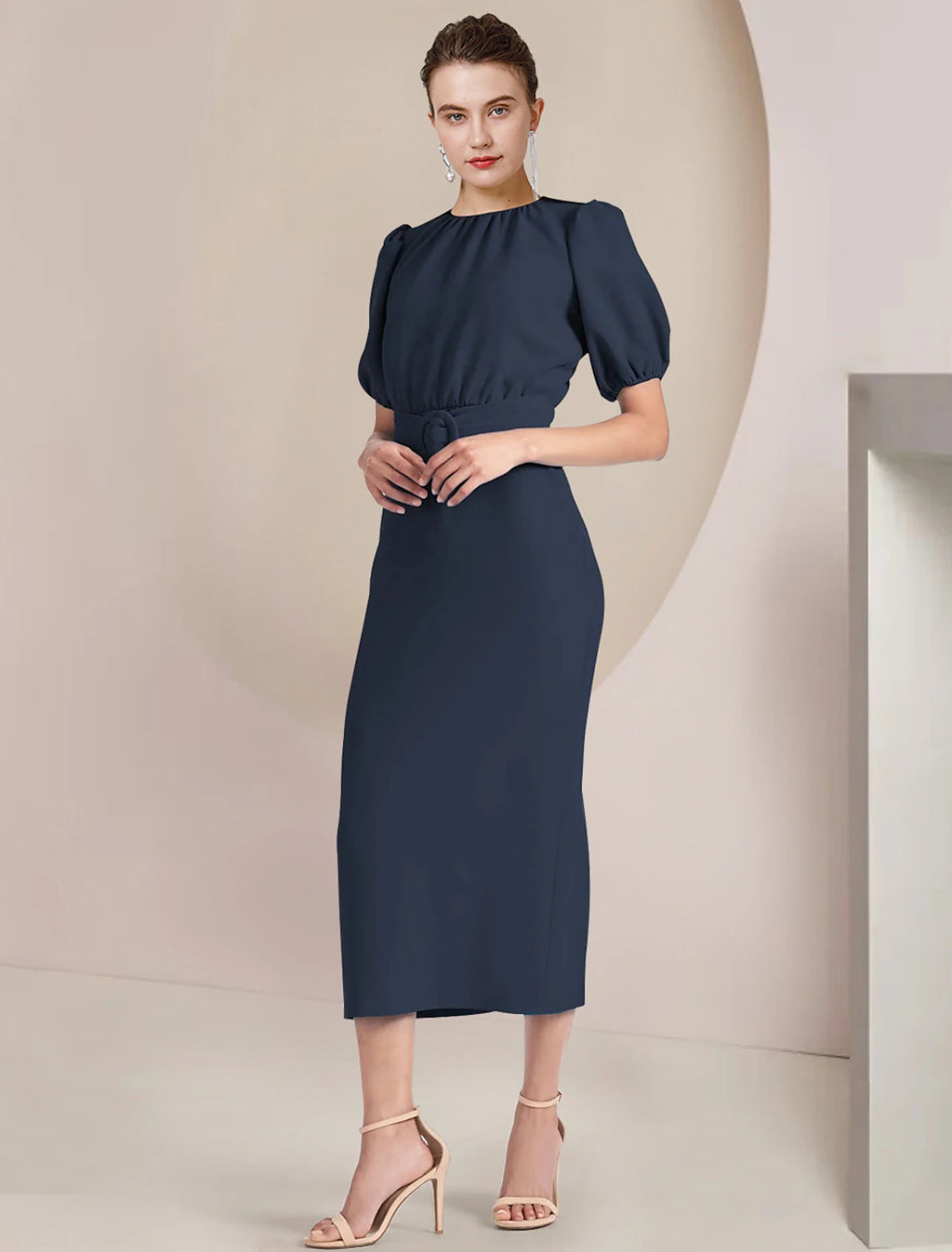 Dark Navy Puff Sleeve Belted Midi Evening Dress