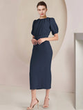 Dark Navy Puff Sleeve Belted Midi Evening Dress