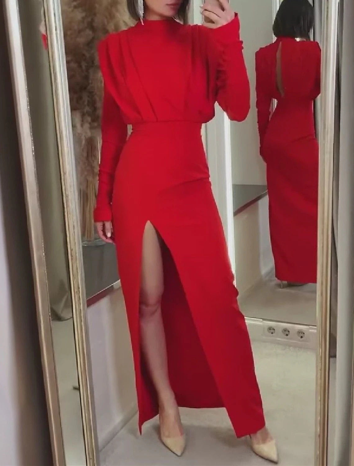 Sheath Evening Gown Elegant Dress Formal Red Green Dress Floor Length Long Sleeve High Neck  Fabric with Ruched Slit