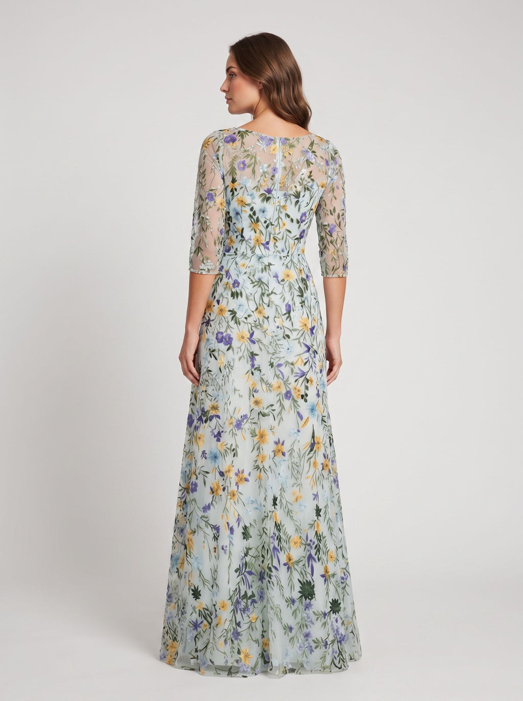 Lilac Floral Mesh A Line Illusion Neck Illusion Back Floor Length Dress Back View - Jimiss