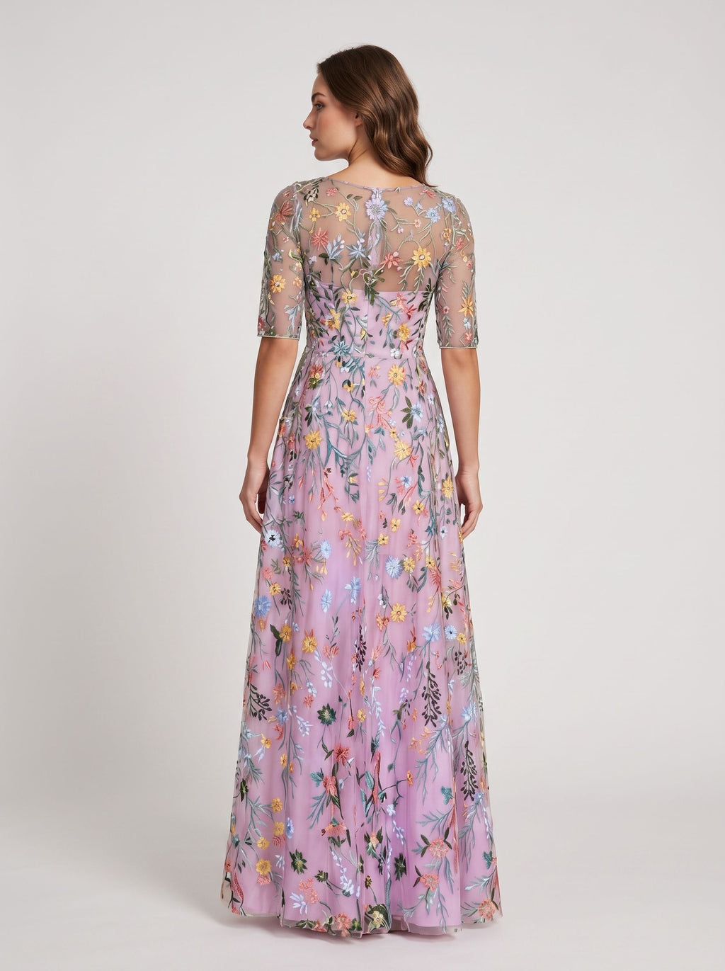 Lilac Floral Mesh A Line Illusion Neck Illusion Back Floor Length Dress Back View - Jimiss