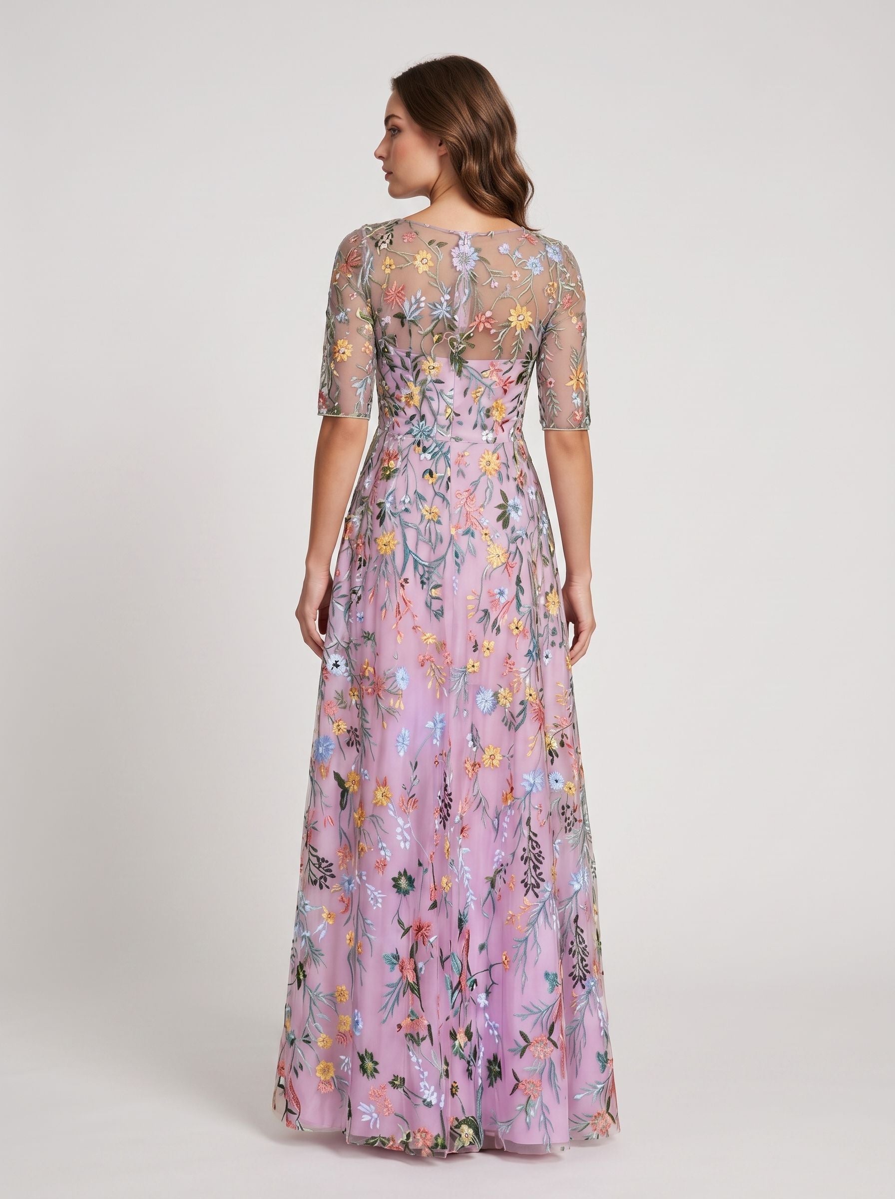 Lilac Floral Mesh A Line Illusion Neck Illusion Back Floor Length Dress Back View - Jimiss