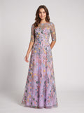Lilac Floral Mesh A Line Illusion Neck Illusion Back Floor Length Dress Front View - Jimiss