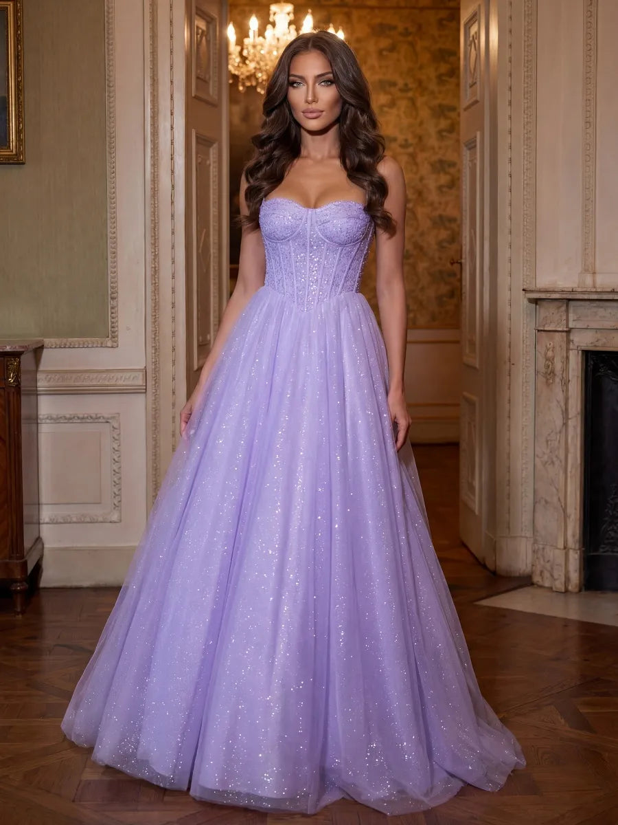 Lilac Glitter Tulle A-Line Sweetheart Lace-Up Back Floor-Length Dress - Jimiss