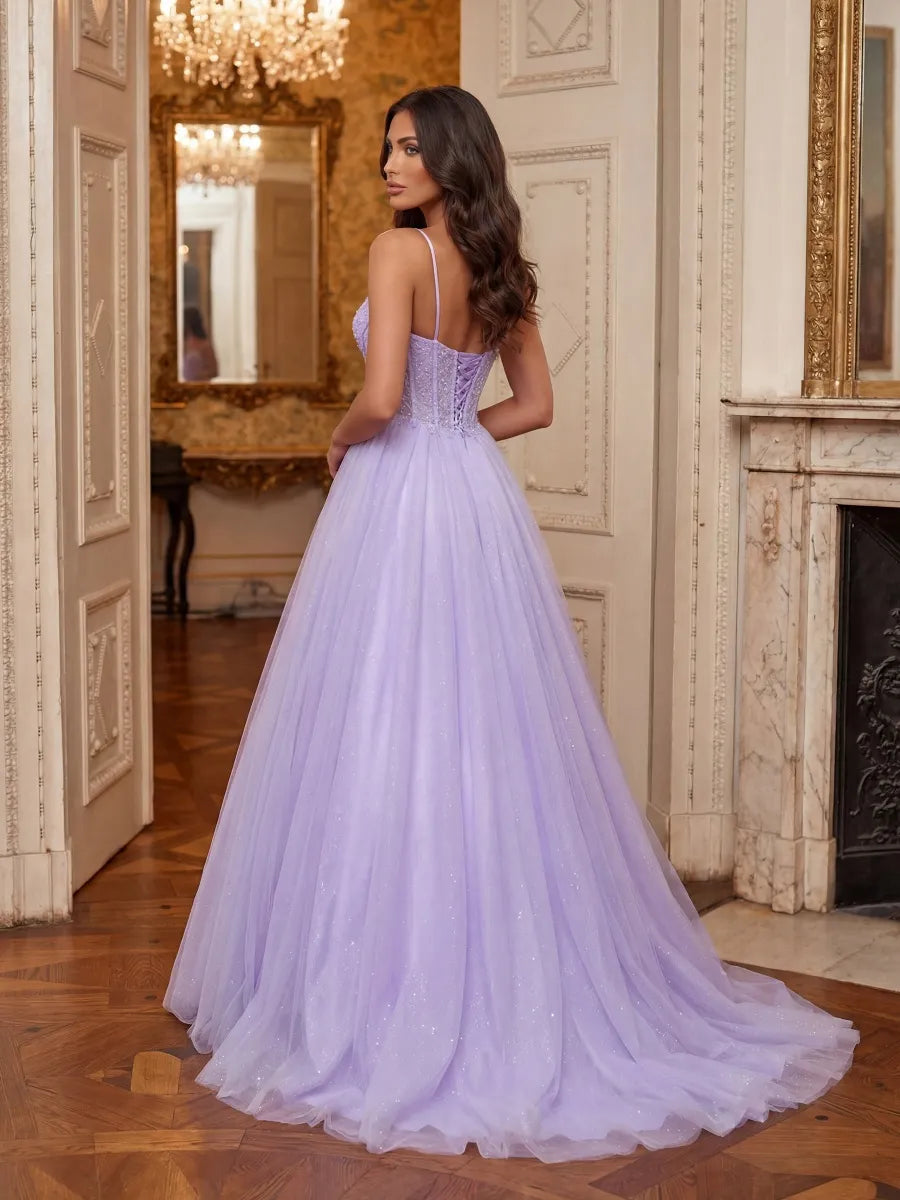 Lilac Glitter Tulle A-Line Sweetheart Lace-Up Back Floor-Length Dress - Jimiss