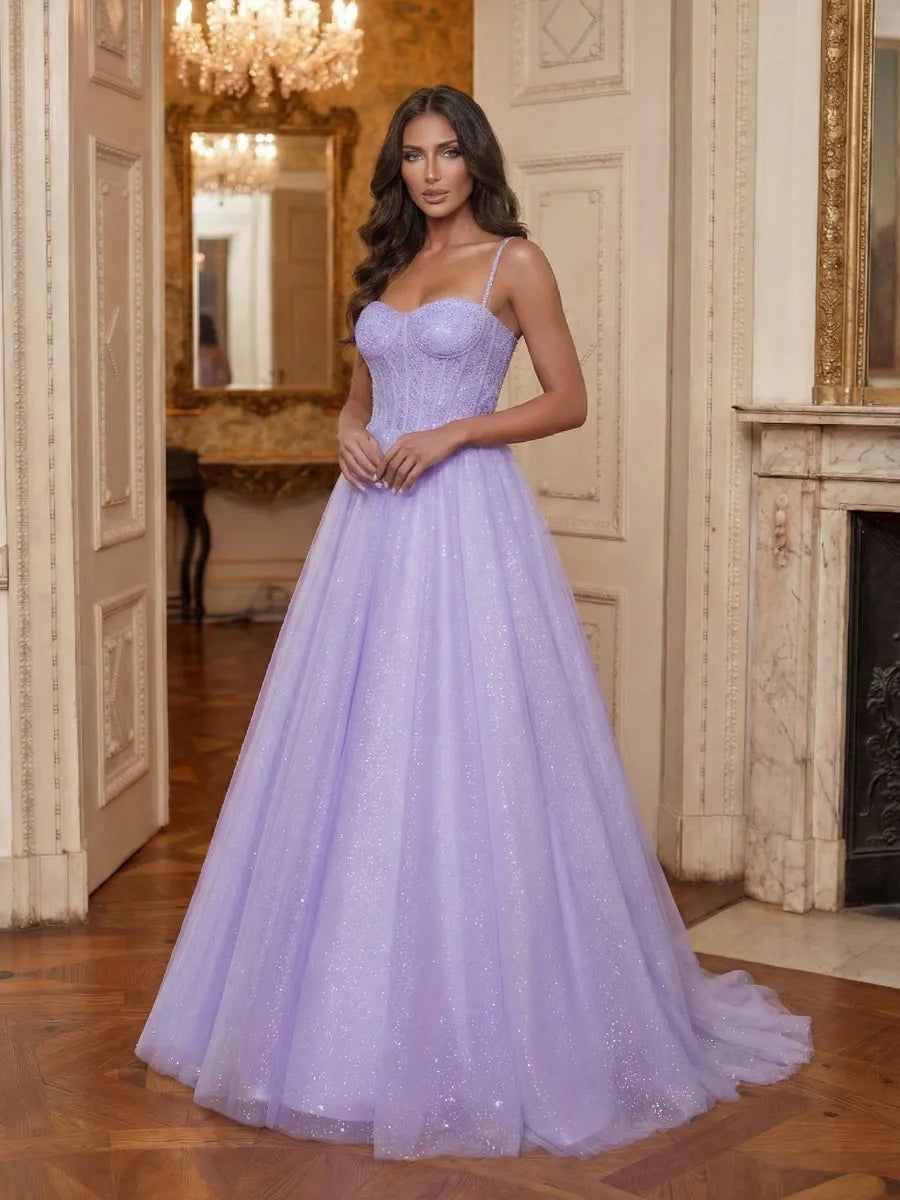 Lilac Glitter Tulle A-Line Sweetheart Lace-Up Back Floor-Length Dress - Jimiss