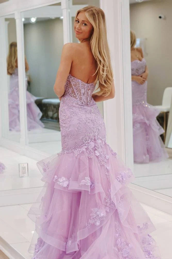 Lilac Lace and Tulle Mermaid Sweetheart Zipper-Back Floor-Length Dress Back View - Jimiss