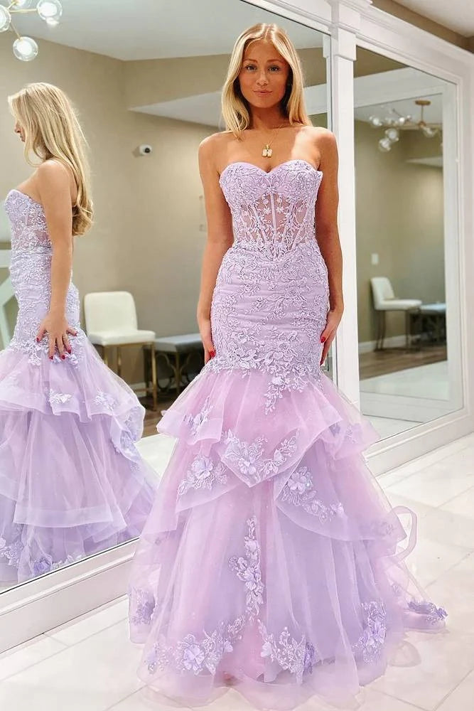 Lilac Lace and Tulle Mermaid Sweetheart Zipper-Back Floor-Length Dress Front View - Jimiss