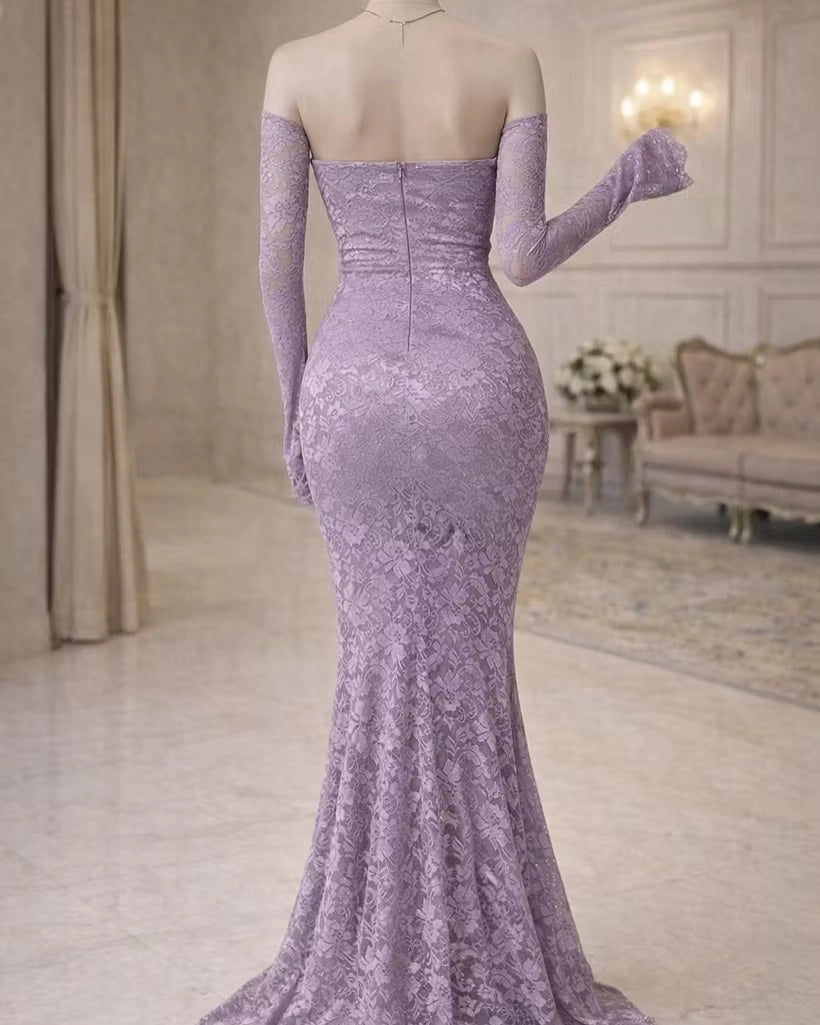 Lilac Lace mermaid off-the-shoulder zipper-back floor-length Dress Back View - Jimiss