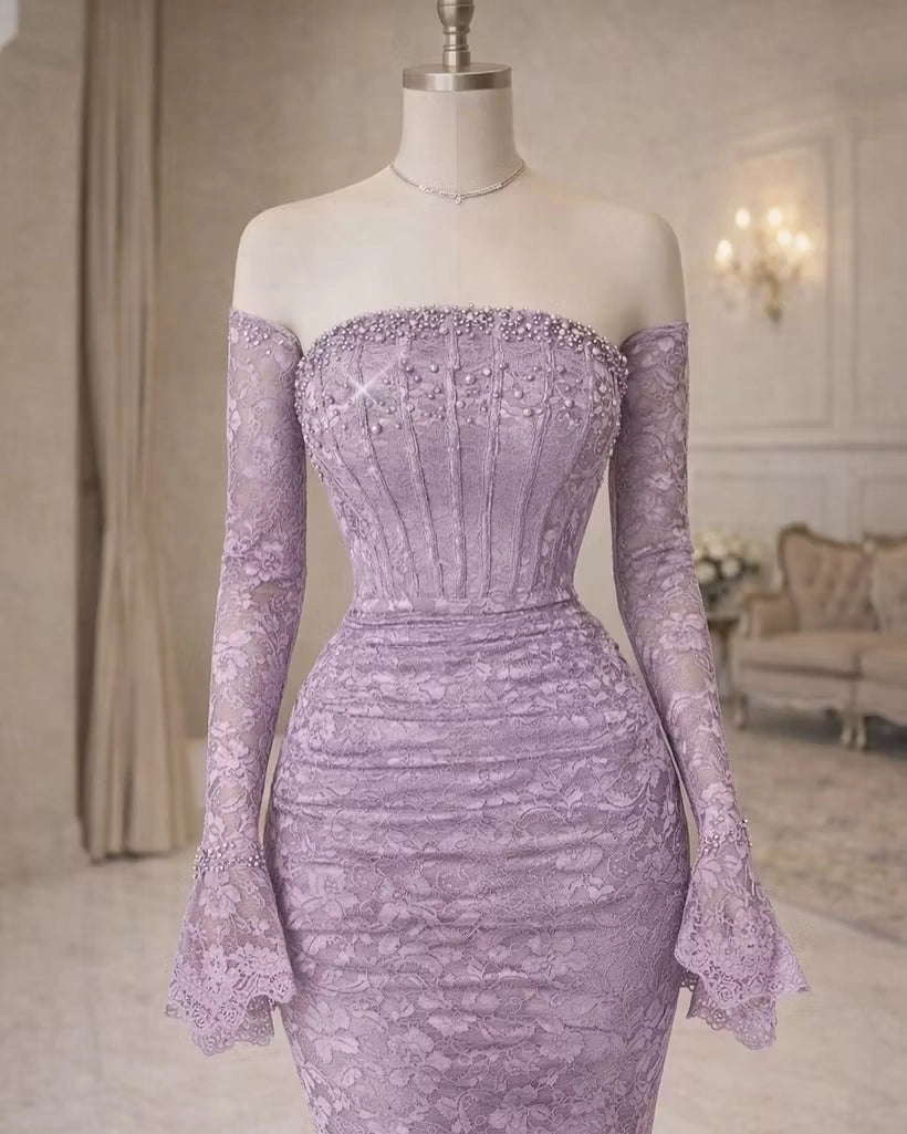 Lilac Lace mermaid off-the-shoulder zipper-back floor-length Dress Detail - Jimiss