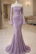 Lilac Lace mermaid off-the-shoulder zipper-back floor-length Dress Front View - Jimiss
