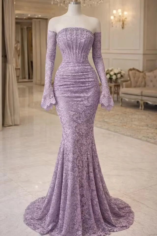 Lilac Lace mermaid off-the-shoulder zipper-back floor-length Dress Front View - Jimiss