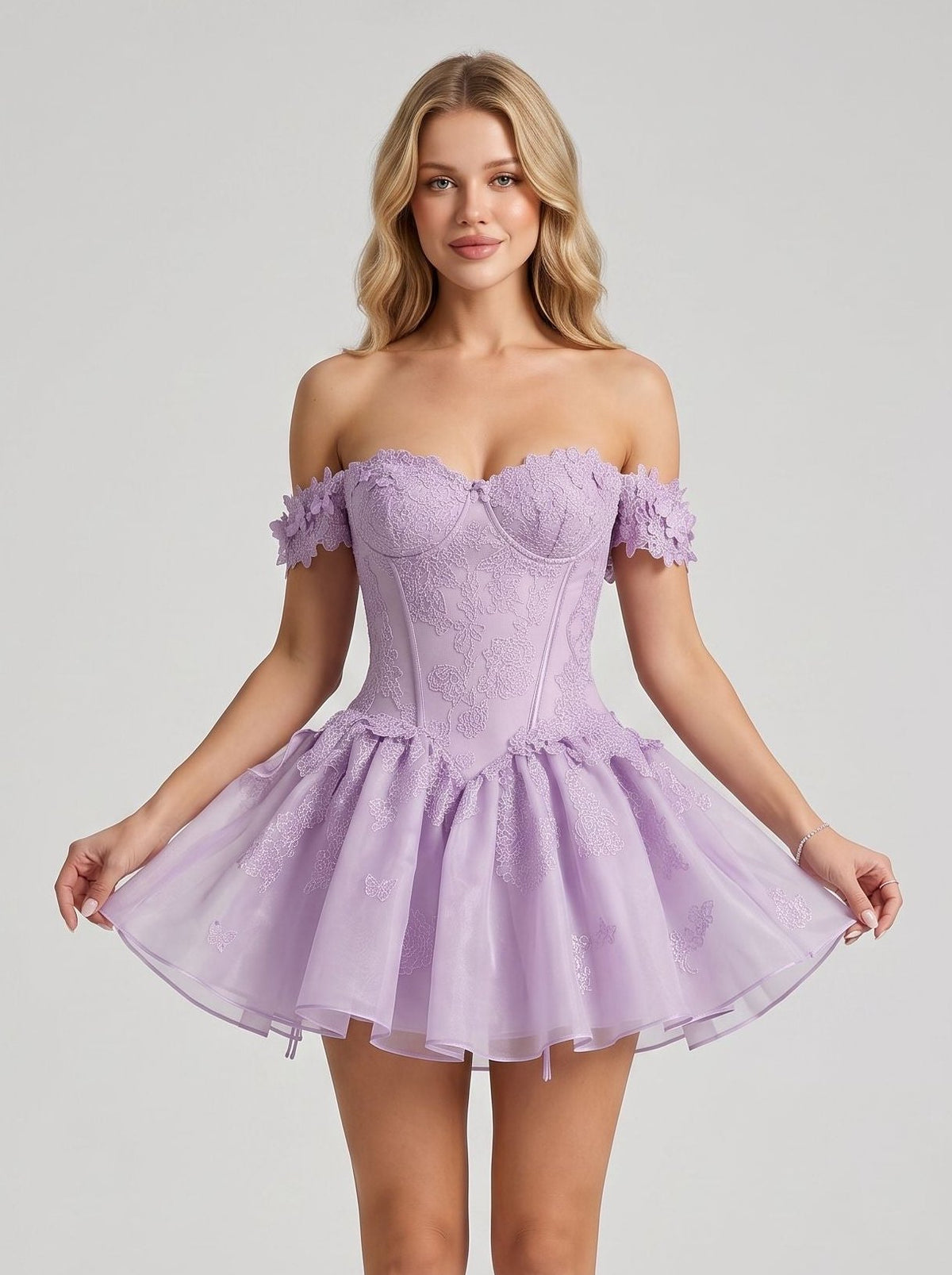 Lilac Organza and Lace A-Line Sweetheart Zipper Back Mini Dress Front View - Jimiss