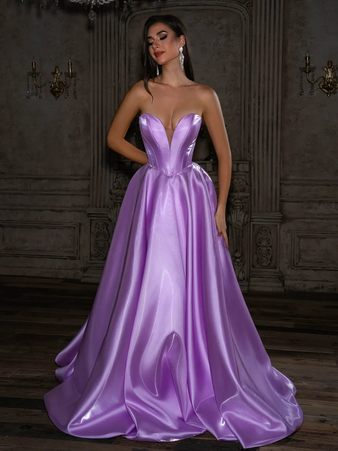 Lilac Satin A-Line Sweetheart Floor-Length Dress - Jimiss