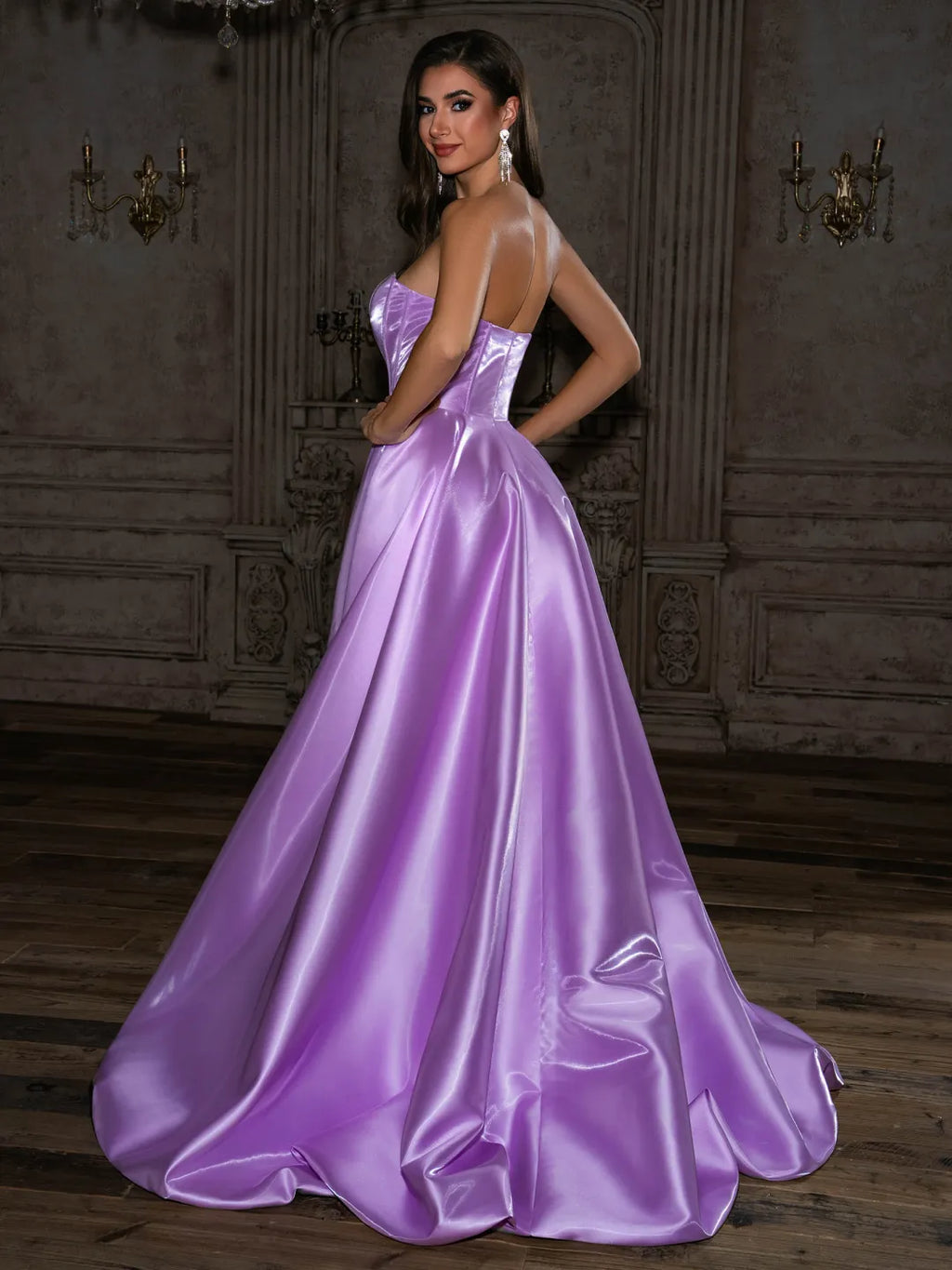 Lilac Satin A-Line Sweetheart Floor-Length Dress - Jimiss