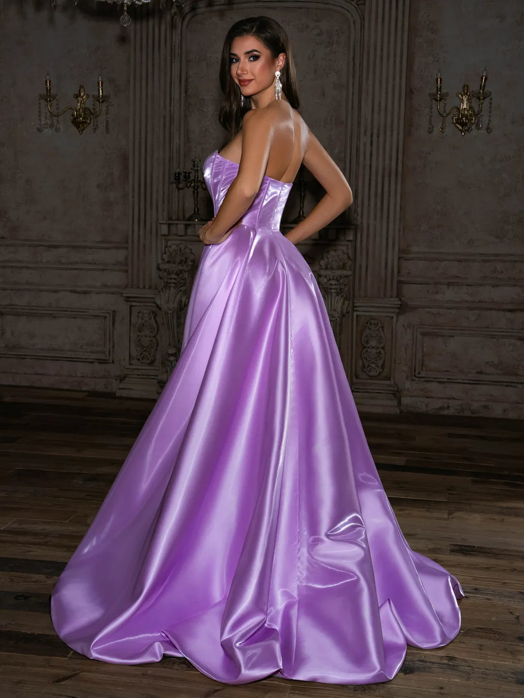 Lilac Satin A-Line Sweetheart Floor-Length Dress - Jimiss