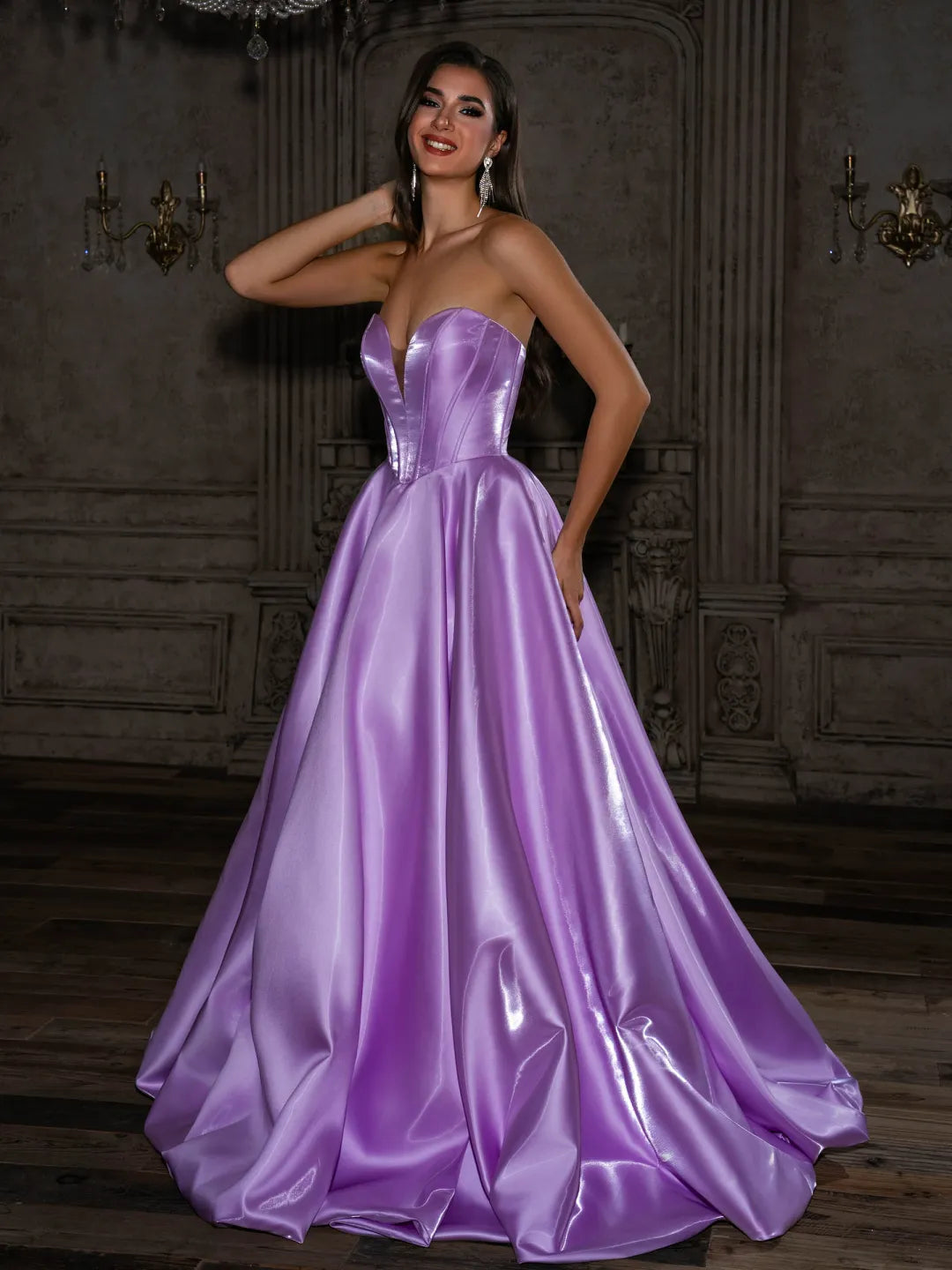 Lilac Satin A-Line Sweetheart Floor-Length Dress - Jimiss