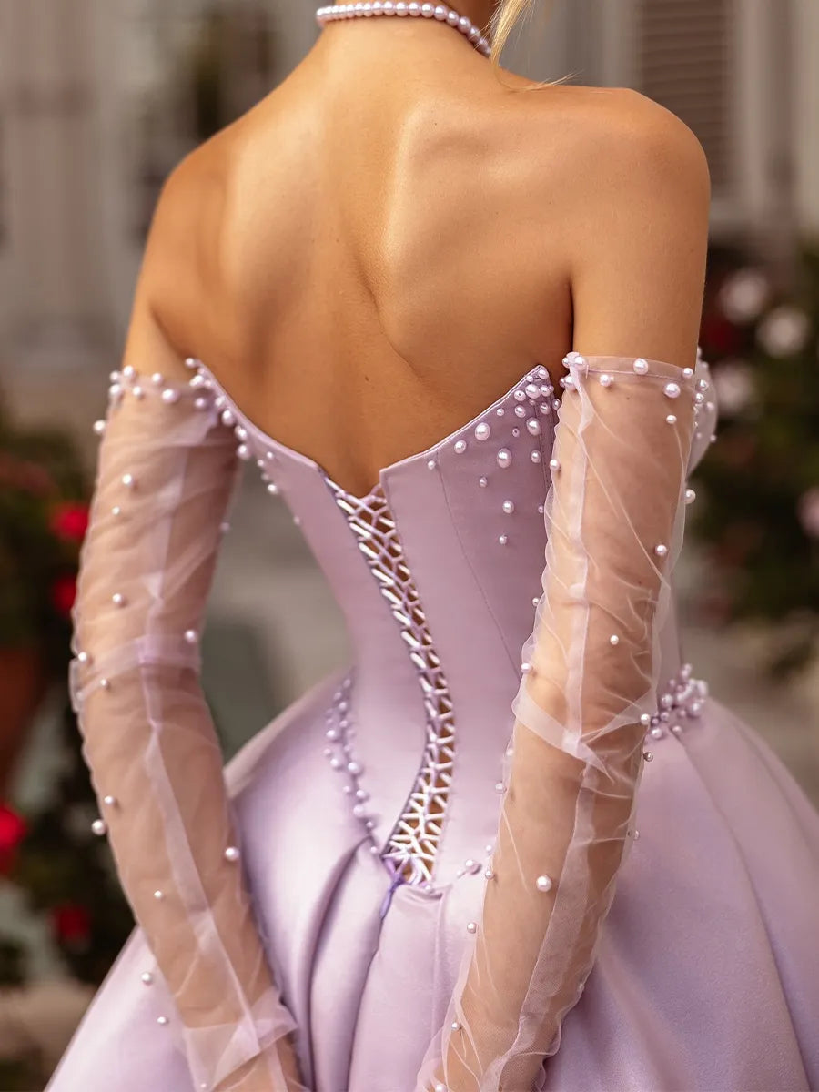 Lilac Satin A-Line Sweetheart Lace-up Floor-Length Dress Back View - Jimiss