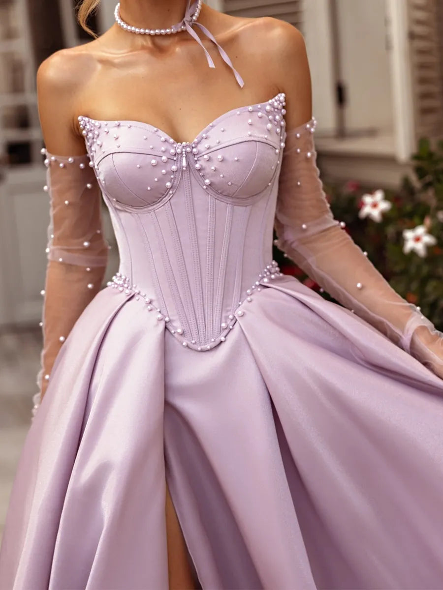 Lilac Satin A-Line Sweetheart Lace-up Floor-Length Dress Detail - Jimiss