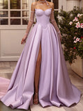 Lilac Satin A-Line Sweetheart Lace-up Floor-Length Dress Front View - Jimiss