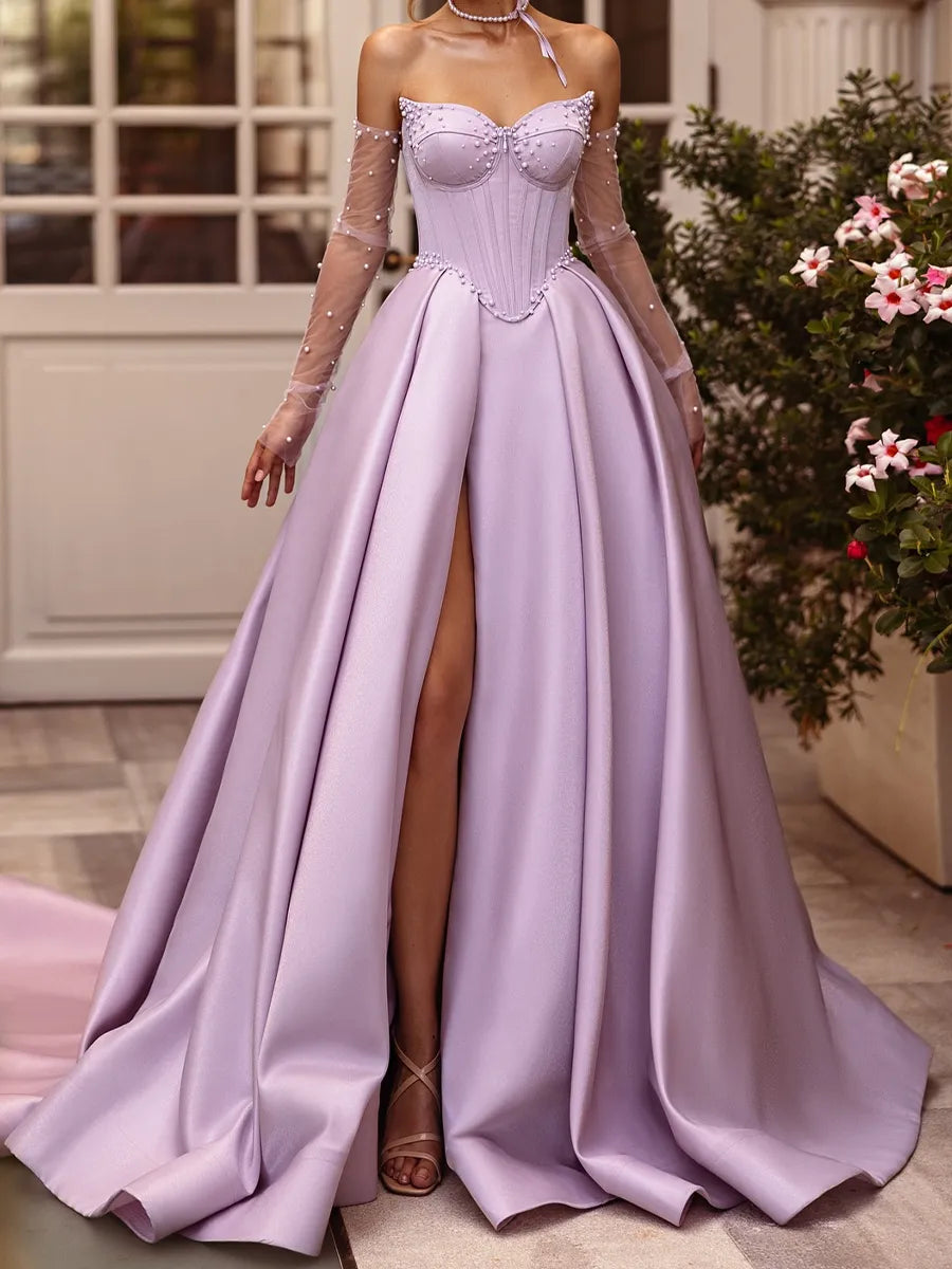 Lilac Satin A-Line Sweetheart Lace-up Floor-Length Dress Front View - Jimiss