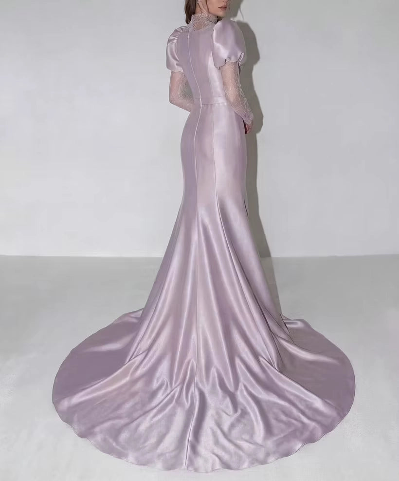 Lilac Satin & Lace mermaid high-neck zipper-back floor-length Dress Back View - Jimiss