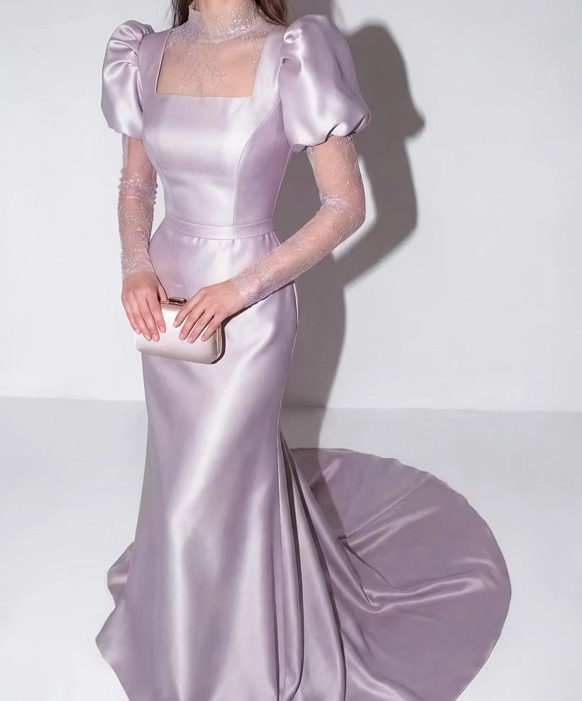Lilac Satin & Lace mermaid high-neck zipper-back floor-length Dress Detail - Jimiss