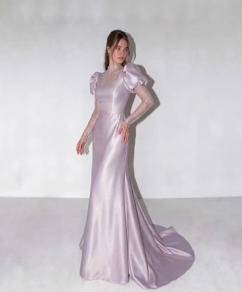 Lilac Satin & Lace mermaid high-neck zipper-back floor-length Dress Detail - Jimiss
