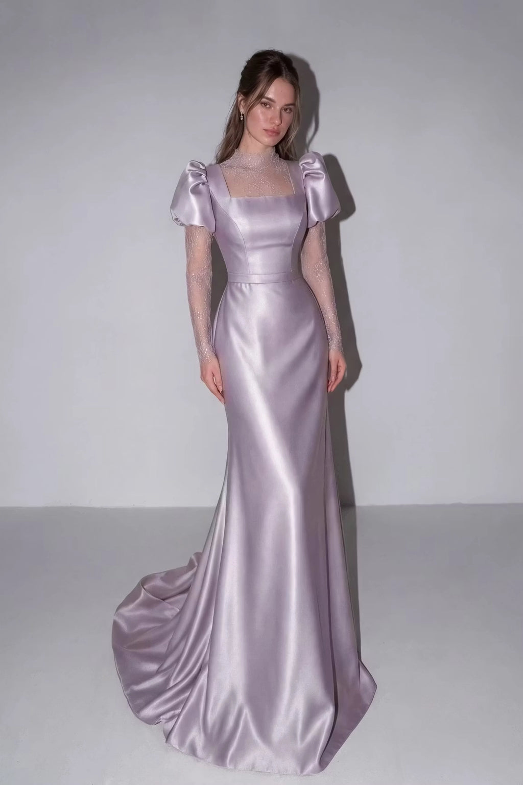 Lilac Satin & Lace mermaid high-neck zipper-back floor-length Dress Front View - Jimiss