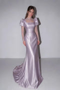 Lilac Satin & Lace mermaid high-neck zipper-back floor-length Dress Front View - Jimiss