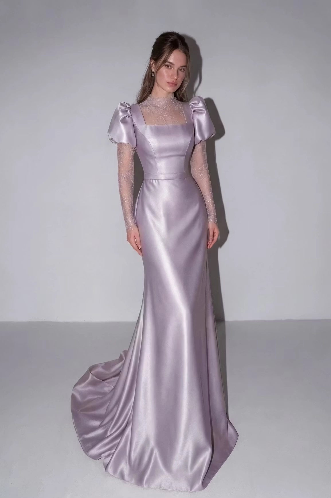 Lilac Satin & Lace mermaid high-neck zipper-back floor-length Dress Front View - Jimiss