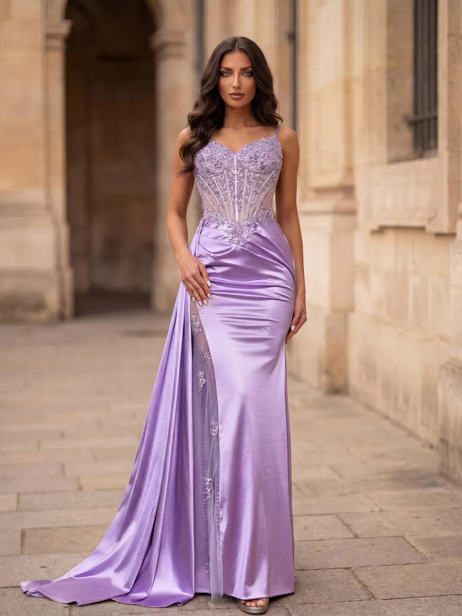 Lilac Satin Mermaid Sweetheart Lace-Up Back Floor-Length Dress - Jimiss