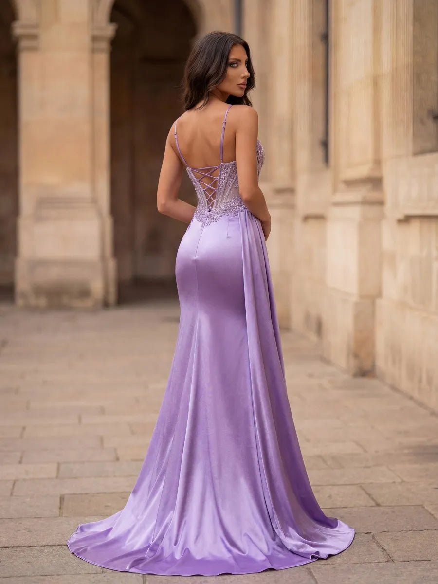 Lilac Satin Mermaid Sweetheart Lace-Up Back Floor-Length Dress - Jimiss