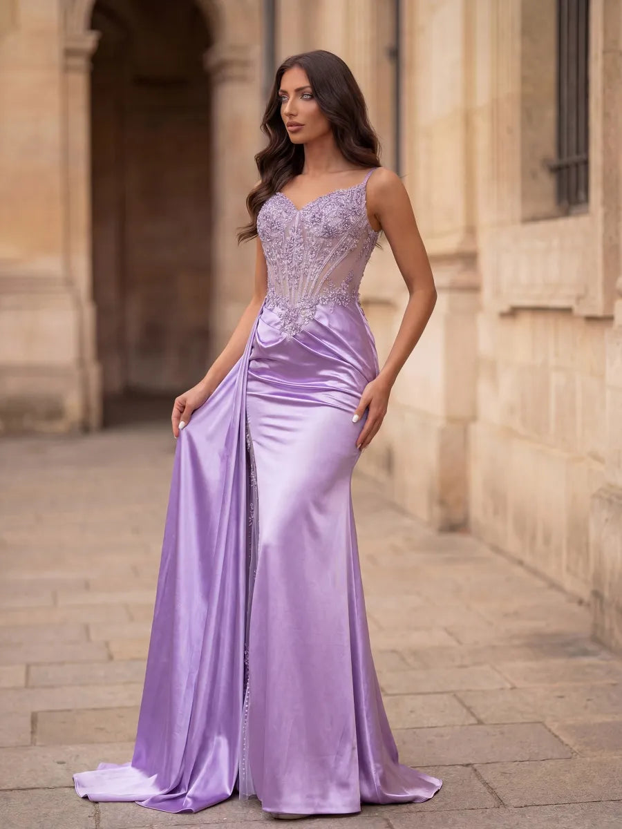 Lilac Satin Mermaid Sweetheart Lace-Up Back Floor-Length Dress - Jimiss