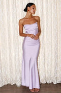 Lilac Satin Sheath Column Straight Across Open Back Floor Length Dress - Jimiss