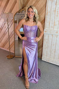 Lilac Satin sheath-column straight-across zipper-back floor-length Dress Front View - Jimiss