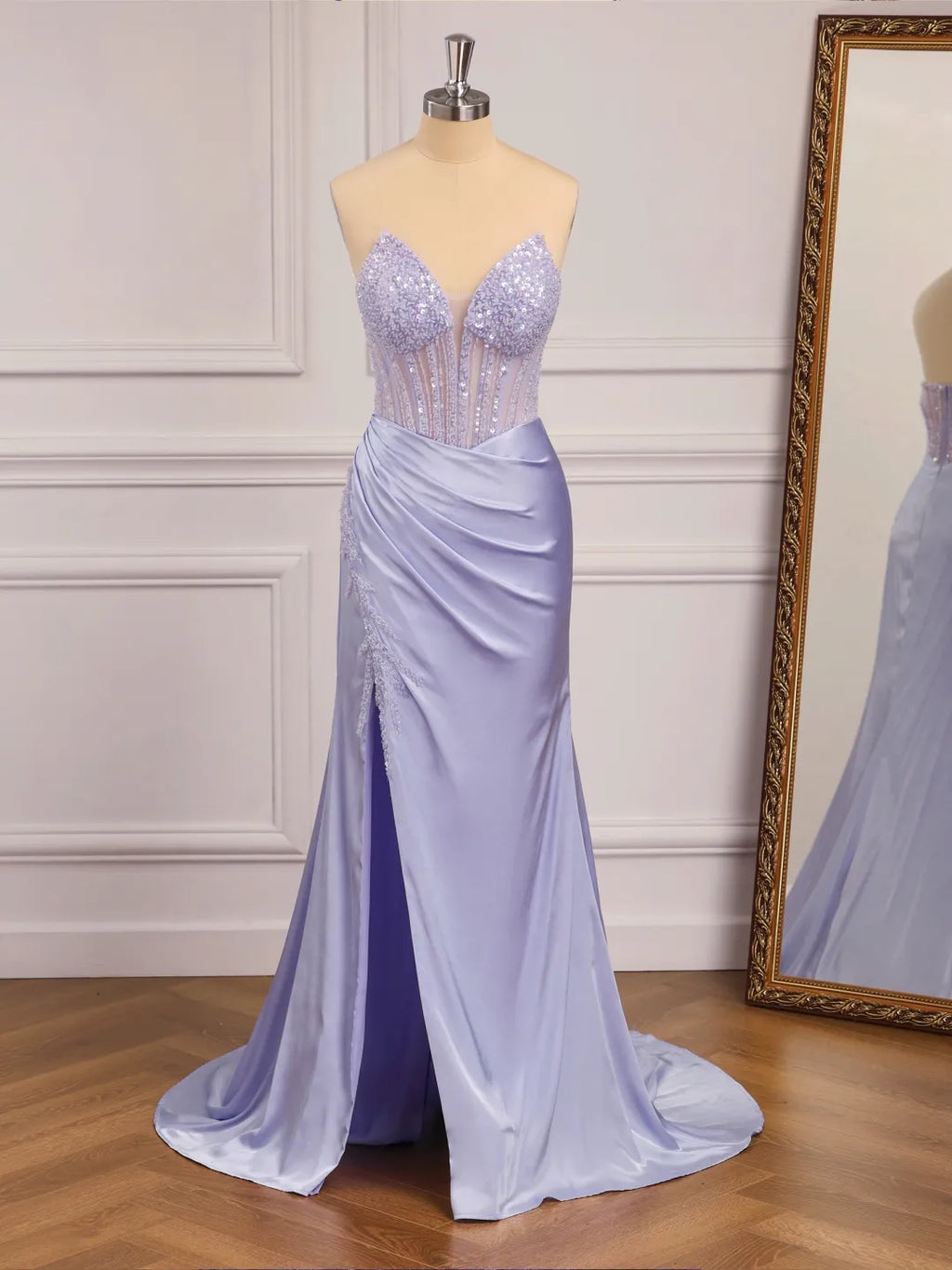Lilac Satin sheath-column sweetheart low-back floor-length Dress - Jimiss
