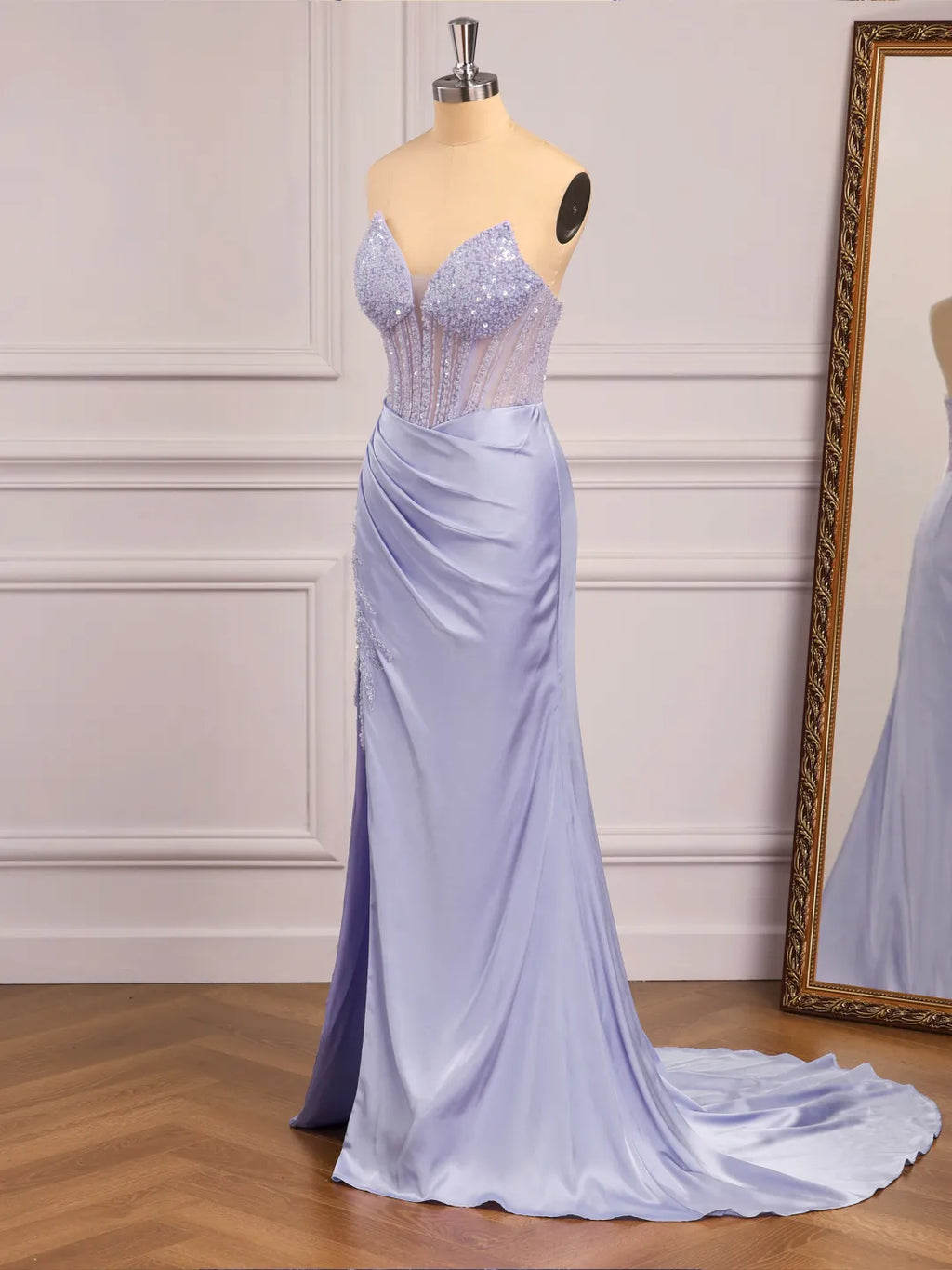 Lilac Satin sheath-column sweetheart low-back floor-length Dress - Jimiss