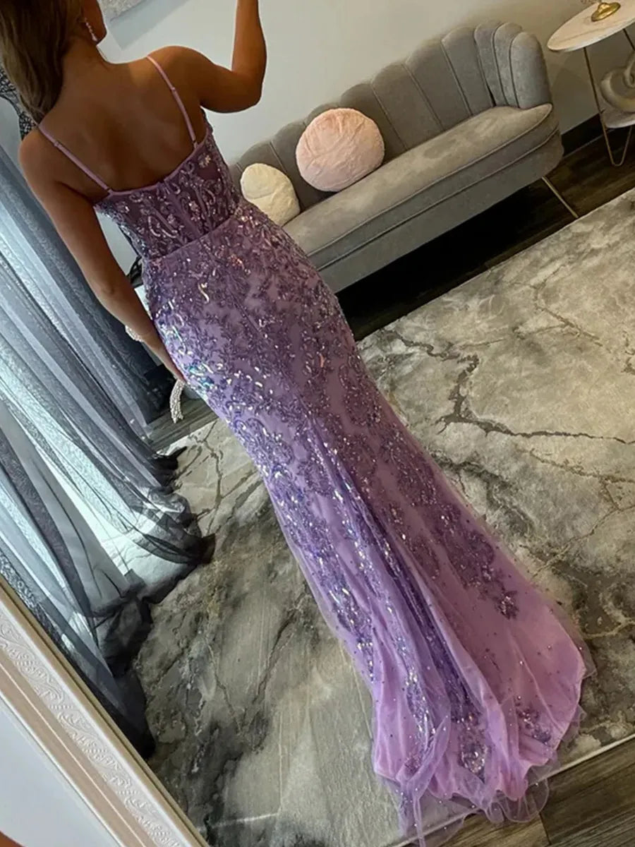 Lilac Sequin Mesh Tulle sheath-column v-neck v-back floor-length Dress - Jimiss