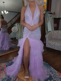 Lilac Tulle & Beaded Mesh Mermaid V-Neck Floor-Length Dress - Jimiss