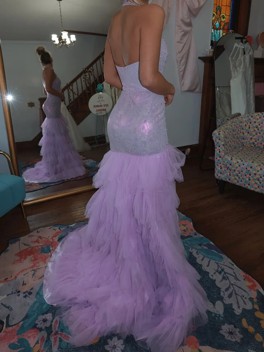 Lilac Tulle & Beaded Mesh Mermaid V-Neck Floor-Length Dress - Jimiss