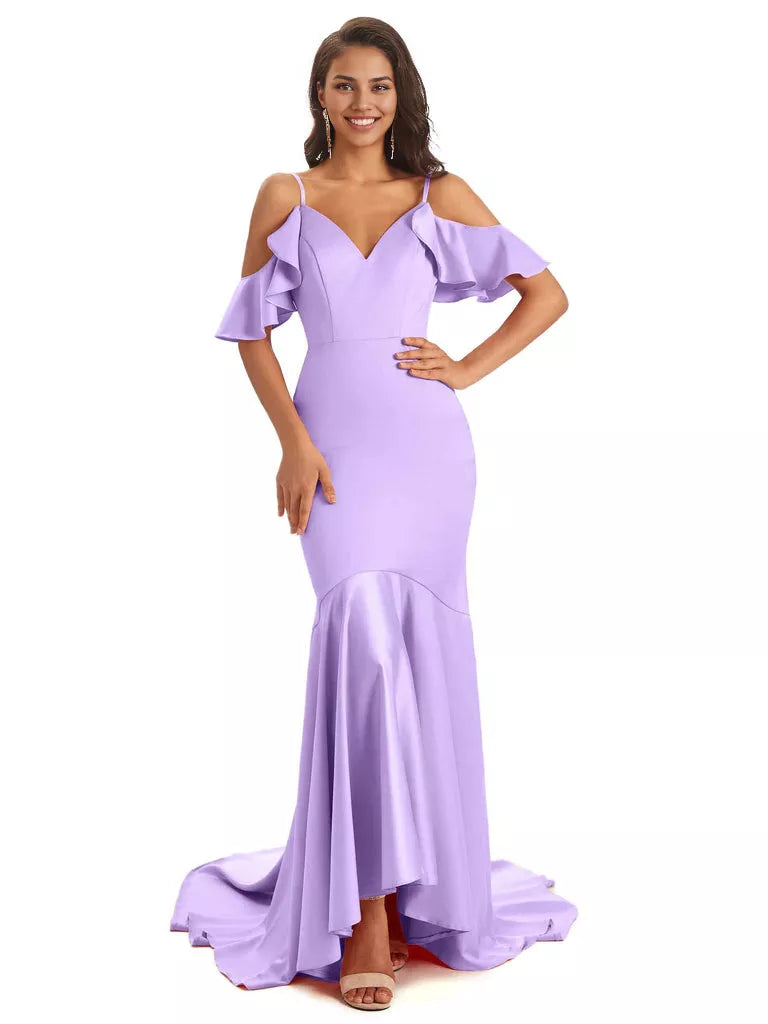 Soft Satin Asymmetric Spaghetti Straps Sleeveless Mermaid Cold Shoulder Bridesmaid Dresses