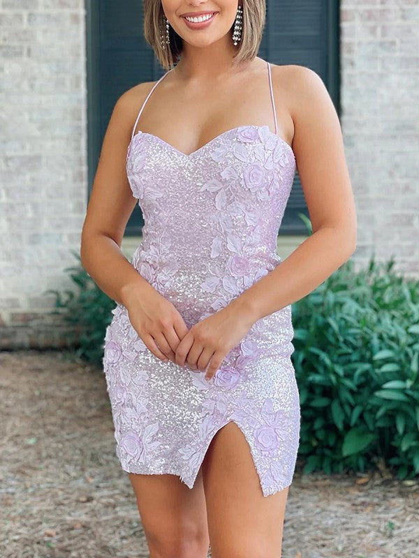 Vestido de fiesta corto sin mangas con tirantes finos, ajustado y recto con lentejuelas y calcomanías de tubo