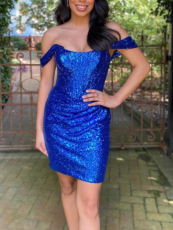 Tight straight sequin pleated off shoulder sleeveless short Homecoming Dress