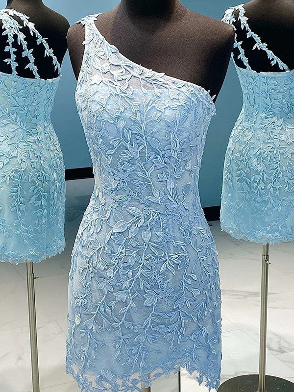 Vestido de fiesta corto, ajustado, recto, con apliques de encaje, un hombro, sin mangas