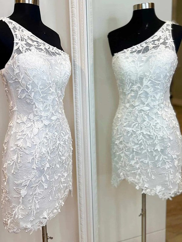 Vestido de fiesta corto, ajustado, recto, con apliques de encaje, un hombro, sin mangas